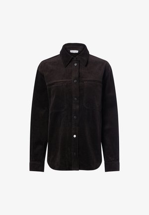 Black corduroy shirt jacket with a collar, front button closure, two chest pockets, and textured fabric design. Long sleeves with buttoned cuffs.