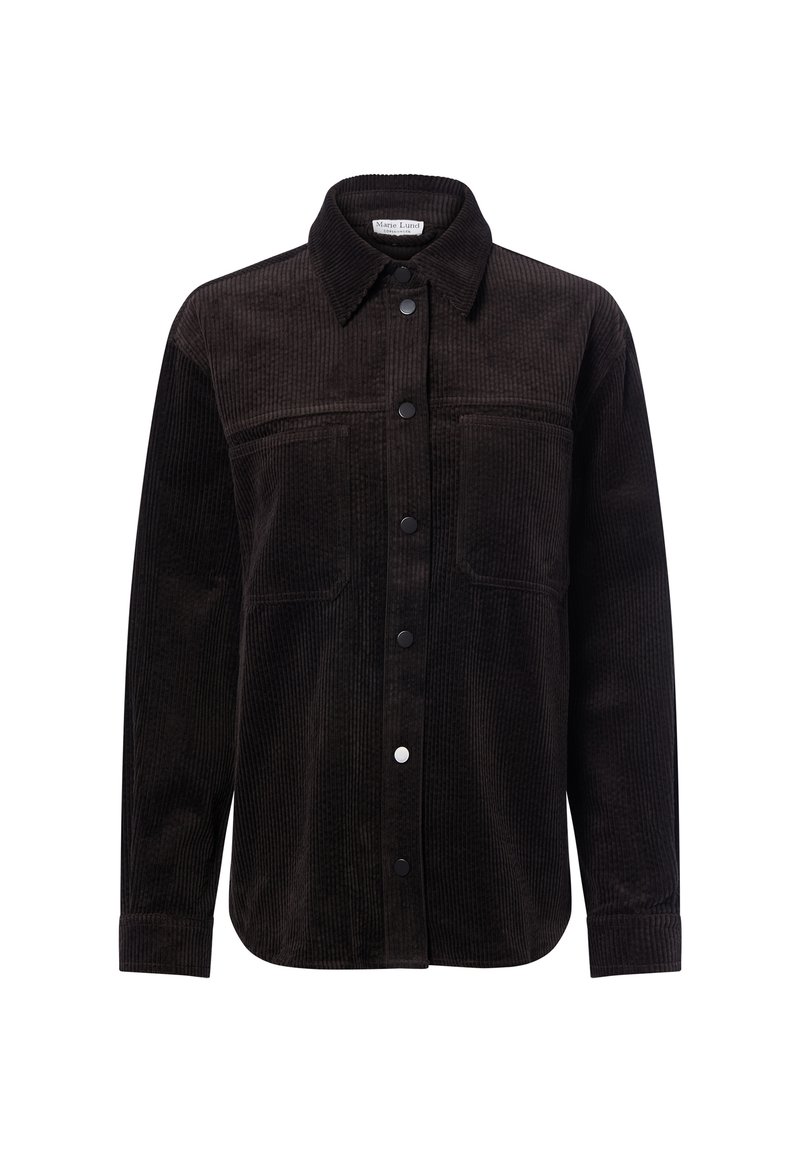 Schwarze Cordjacke mit Kragen, vorn mit Knopfleiste, zwei Brusttaschen und strukturiertem Stoffdesign. Lange Ärmel mit Knopfmanschetten.