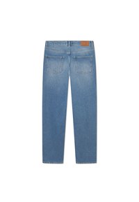 Light blue denim jeans with a straight leg design, two back pockets, and a leather patch on the waistband. Smooth texture, casual appearance.