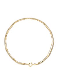 Gouden multi-strand armband met delicate kralen, sprankelende kristallen en een veilige cirkelvormige sluiting, met een gladde textuur en een elegant ontwerp.
