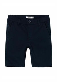 Pantaloni corti blu realizzati in tessuto elastico con chiusura a bottone, tasche frontali e design a frontale piatto, caratterizzati da una vestibilità dritta e orlo.