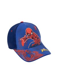 Cappellino rosso e blu con grafiche di Spider-Man. Design strutturato con visiera curva, tessuto testurizzato e pannello frontale a fantasia.