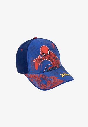 Cappellino rosso e blu con grafiche di Spider-Man. Design strutturato con visiera curva, tessuto testurizzato e pannello frontale a fantasia.
