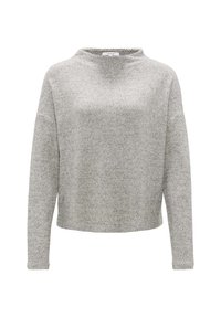 Grauer Strickpullover mit langen Ärmeln und hohem Kragen. Hat ein strukturiertes Muster und ein lockeres Design.