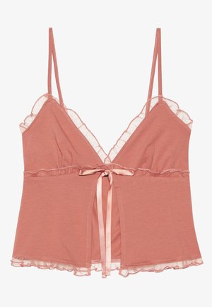 Dusty rose camisole with lace trim, adjustable spaghetti straps, and a satin tie at the waist. Soft fabric with a flowing design.
