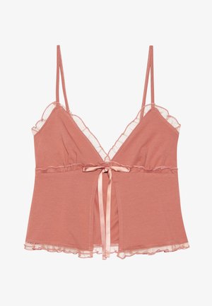 Dusty rose camisole with lace trim, adjustable spaghetti straps, and a satin tie at the waist. Soft fabric with a flowing design.