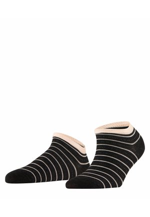 Black ankle socks with beige and white horizontal stripes, featuring a soft texture and a low-cut design at the ankle.