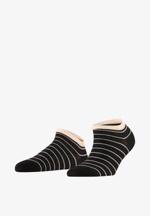 Black ankle socks with beige and white horizontal stripes, featuring a soft texture and a low-cut design at the ankle.