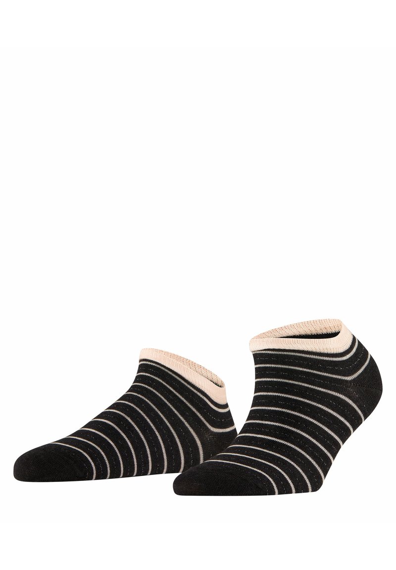 Schwarze Knöchelsocken mit beigen und weißen horizontalen Streifen, die eine weiche Textur und ein niedriges Design am Knöchel aufweisen.