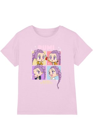 Light pink shirt with four colorful chibi characters with purple braided hair in different playful poses on the front.
