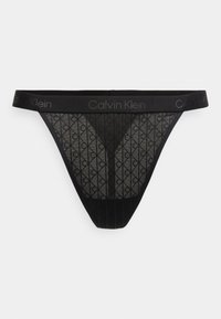 Schwarzer Calvin Klein Tanga aus Netzstoff mit Diamantmuster und Logoschriftzug am Bund. Leicht und minimalistisch im Design.