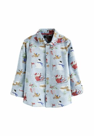 Lyseblå langærmet småbørnsbluse med knapper, med festlige motiver af julemand på slæde, snemænd, rensdyr og juledekorationer.