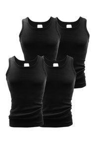 Quatre débardeurs noirs en tissu doux, avec des bretelles larges, des encolures arrondies et des designs ajustés. Pas de motifs ni de logos visibles.