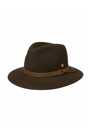 Dark brown felt fedora hat with a wide brim and a matching leather band with a small knot on the side.