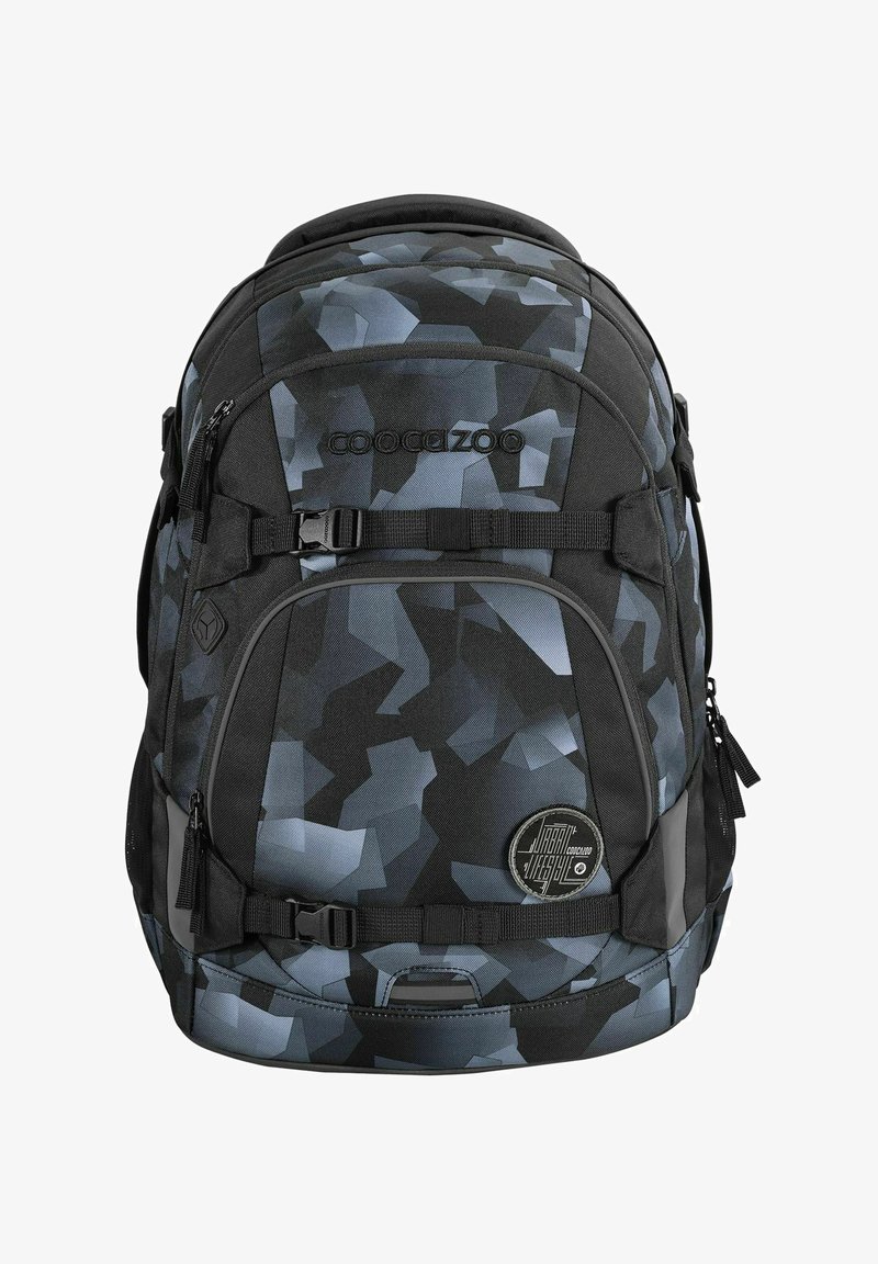 Backpack in black and blue geometric pattern, made of durable fabric. Features adjustable straps and multiple zippered compartments for storage.