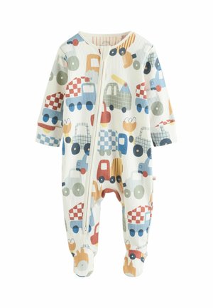 Bomuldsbabybody med fuld lynlås, med et farverigt print af køretøjer i rødt, blåt og grønt på en cremefarvet baggrund.