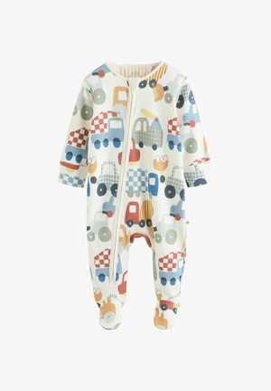 Body per neonati in cotone con cerniera integrale, con stampa colorata di veicoli in rosso, blu e verde su sfondo crema.