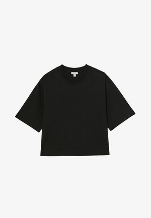 Tricou negru din bumbac cu decolteu rotund, mâneci scurte și croială lejeră. Cusături detaliate pe umeri, textură netedă fără modele.