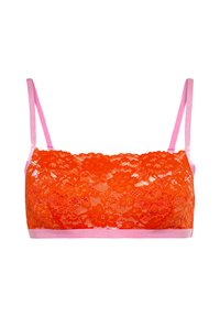 Kanten bralette in levendig oranje met een bloemenpatroon, voorzien van dunne roze bandjes en een roze rand langs de onderkant.