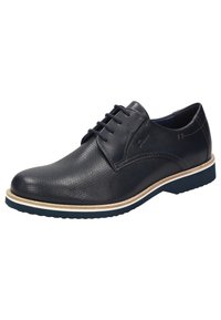 Scarpa in pelle blu navy con design perforato, punta rotonda, chiusura con lacci, suola intermedia bianca e suola in gomma testurizzata.