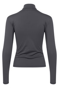 Långärmad topp med hög krage i mörkgrått, tillverkad av mjukt, elastiskt material. Enkel design utan synliga mönster eller detaljer.