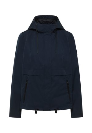 Tmavě modrá mikina s kapucí, nastavitelnými stahovacími šňůrkami, předními kapsami na zip a předním zipem zakrytým klopou.