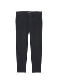 Chinos blu scuro realizzati in cotone con una texture liscia. Presentano una chiusura con bottone, passanti per la cintura e due tasche frontali. Design a gamba affusolata.