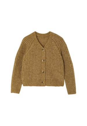 Strickjacke in einem warmen Senfgelb, mit V-Ausschnitt, fünf Knopfverschluss und gerippter Textur sowie Raglanärmeln.