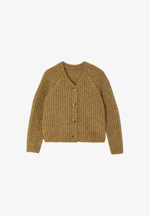 Knit cardigan in a warm mustard color, featuring a V-neck, five button closure, and ribbed texture with raglan sleeves.
