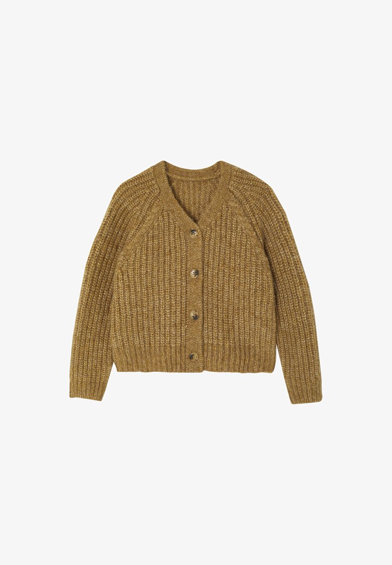 Strickjacke in einem warmen Senfgelb, mit V-Ausschnitt, fünf Knopfverschluss und gerippter Textur sowie Raglanärmeln.