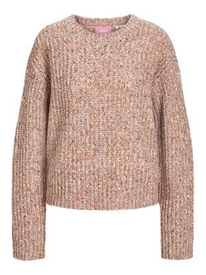 Chunky knit sweater in shades of beige and light brown, featuring a round neckline and long sleeves with a textured finish.