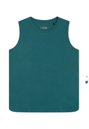Ärmelloses, petrolgrünes Baumwoll-Tanktop mit rundem Ausschnitt, flach genähten Nähten und kleinem, bedrucktem Markenlabel innen am Kragen.