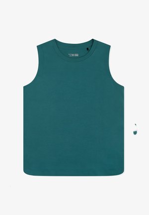 Ärmelloses, petrolgrünes Baumwoll-Tanktop mit rundem Ausschnitt, flach genähten Nähten und kleinem, bedrucktem Markenlabel innen am Kragen.