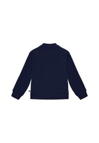 Granatowa, długosleeve bluza z ribbowanymi mankietami, dołem i kołnierzem, prezentowana z tyłu na białym tle.