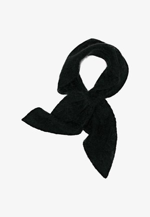Miękki, czarny, puszysty szalik związany w pętlę z dwoma luźnymi końcami, prezentowany na białym tle.