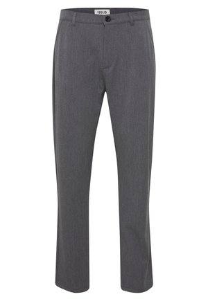 Šedé, střihové kalhoty vyrobené z texturované tkaniny. Mají zapínání na knoflík, poutka na opasek a rovný střih nohavic. Jednoduchý a univerzální design.