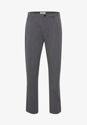 Šedé, střihové kalhoty vyrobené z texturované tkaniny. Mají zapínání na knoflík, poutka na opasek a rovný střih nohavic. Jednoduchý a univerzální design.