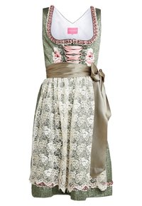 Robe dirndl verte avec un superposé en dentelle blanche, broderies florales et ceinture en ruban de satin. Présente un décolleté carré et des accents roses.