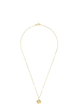 Gold necklace with a delicate chain and a four-leaf clover pendant. Smooth surface with a polished finish.