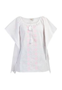 Hvid bomuldsbluse med korte, brede ærmer. Har pink blomstermotiver broderet og en snøre med kvaster ved udskæringen.