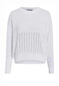 Weißer Strickpullover mit strukturiertem Oberteil, vertikalen Streifen, geripptem Saum und Bündchen, Rundhalsausschnitt und legerer Passform.