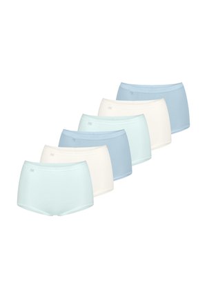 Set van zes damesboxers in lichtblauw, bleekblauw en gebroken wit. Zacht katoenmateriaal met elastische tailleband en soepele randen.