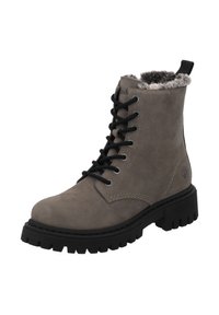Grijze suède enkellaars met zwart veterontwerp, imitatiebontafwerking en robuuste rubberen zool. Geëmbossed logo aan de zijkant.