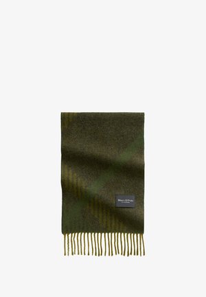 Zielony szalik w kratę wykonany z miękkiej tkaniny. Posiada frędzle na brzegach oraz małą etykietę z logo. Lekki i o teksturowanym wykończeniu.