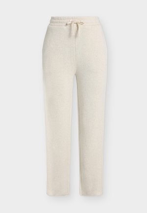 Pantalon de survêtement beige décontracté avec taille élastique et cordon, coupe droite, adapté pour le lounge ou les tenues décontractées.