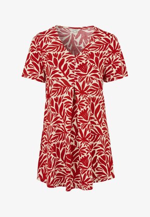 Tunika z krótkim rękawem z czerwonym kwiatowym wzorem na kremowym tle, z dekoltem w serek i luźnym krojem. Lekka tkanina.
