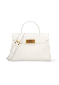 Borsa a tracolla in pelle bianca con superficie a ciottoli, forma rettangolare, manico superiore e tracolla removibile. Presenta un gancio in tonalità oro.