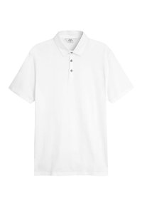 Hvid polo shirt lavet af bomuldsblanding med klassisk krave, tre-knaps lukning og korte ærmer. Enkel design uden mønstre.