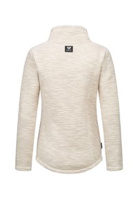 Veste pullover beige avec col montant, tissu texturé et coutures latérales. Présente un patch logo carré au dos.