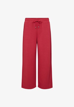 Pantaloni larghi rossi realizzati in tessuto morbido, con vita regolabile tramite cordino e due tasche laterali per praticità.